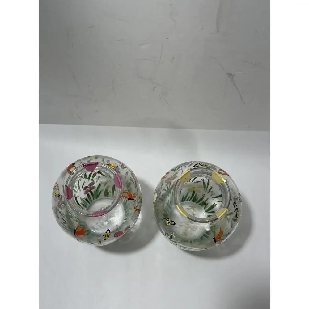 Set Of 2 Vintage Small Hand‎ Painted Floral Clear Glass Vase Signed K. LaRussa